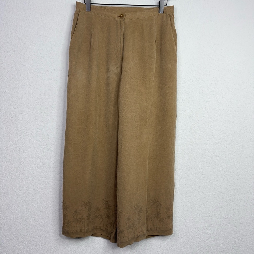 Paradise Coves Pants Womens 12 Brown Silk Capri Wide Leg Embroidered Beachy Boho